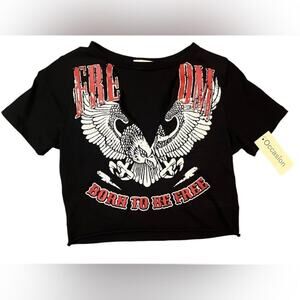 Occasion Biker Crop Top Womens Size Large Black Low V Neck Cutout Eagle New